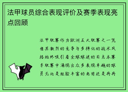 法甲球员综合表现评价及赛季表现亮点回顾